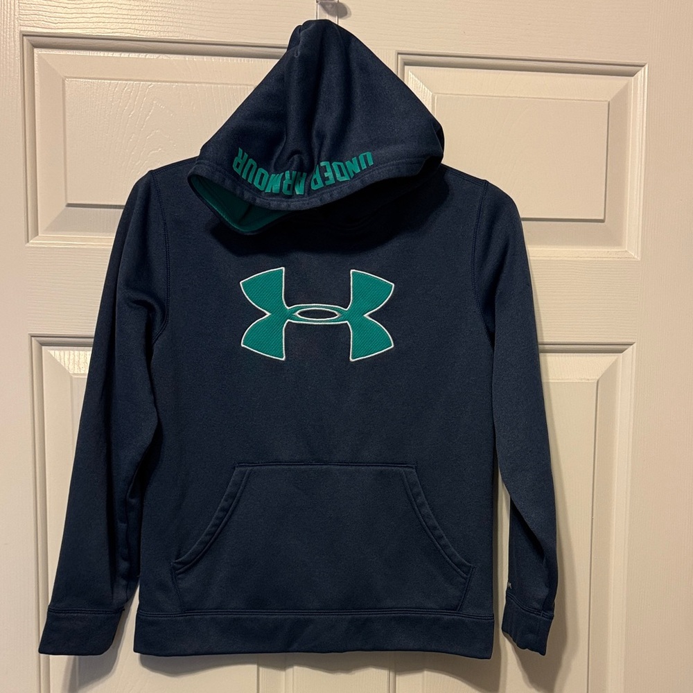 Under Armour Kids' Dark Blue Hoodie with Teal Logo medium loose
